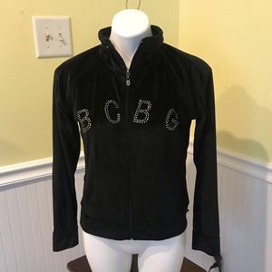 BCBGMaxazria ladies medium logo velour track zippered jacket black.